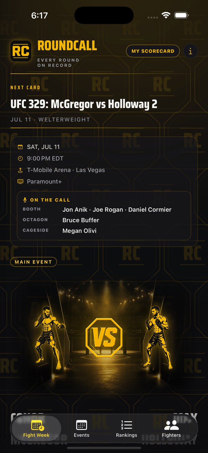 ROUNDCALL Fight Week — the next card with its date, venue, broadcast and commentary team, and the main event